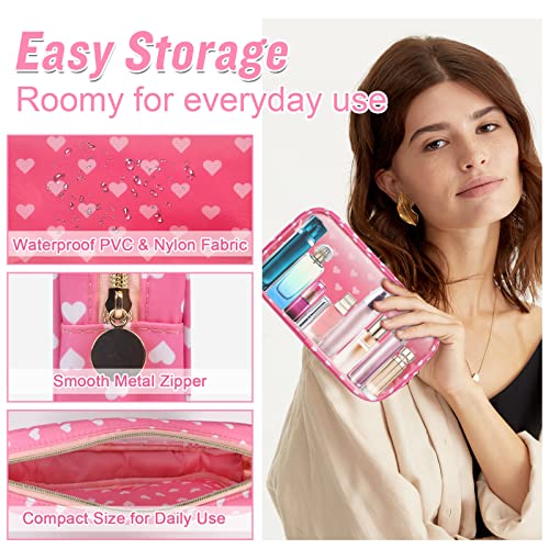 Small Clear Travel Makeup Organizer Bag for Purse, Preppy Makeup Bag Cute Cosmetic Zipper Pouch Purse, Transparent PVC & Nylon Waterproof Makeup Brush Bag Toiletry Storage for Women Girls(Pink Heart) - color: Pink Heart-Clear, size: Small