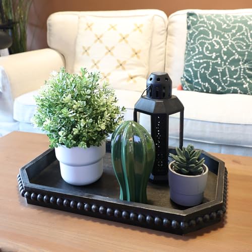 Hrastany Wood Rustic Serving Tray with Beads, Farmhouse Vintage Black Decorative Tray for Table Centerpiece, Christmas Wedding Halloween Home Decor - color: Retro Black-c8, size: 15.7" x 10.2" x 1.6"