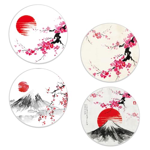 Drinks Coasters Set of 4, Japanese Sun Cherry Blossom Round 4" Cup Coasters, Absorbent Ceramic Stone Coasters with Cork Base, Cute Coasters for Table Home Décor, Ideal Gifts for Women Men - color: Japanese Sun Cherry Blossom