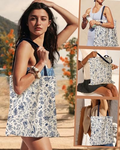 Miss Adola Canvas Tote Bag for Women with Inner Pocket - color: Blue Line Flower