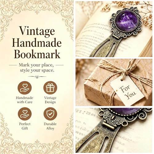 2Pcs Vintage Natural Crystal Stone Bookmark- Fantasy Amethyst Rose Quartz Bookmarks&Amethyst Brass Metal for Reading Women, Men, Book Lovers, Girls and Teachers Book Marks(Rose Quartz&Purple) - color: Rose Quartz&purple Crystal