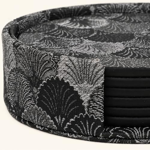 Art Deco Coasters Set of 6 with Holder, Black - color: Black