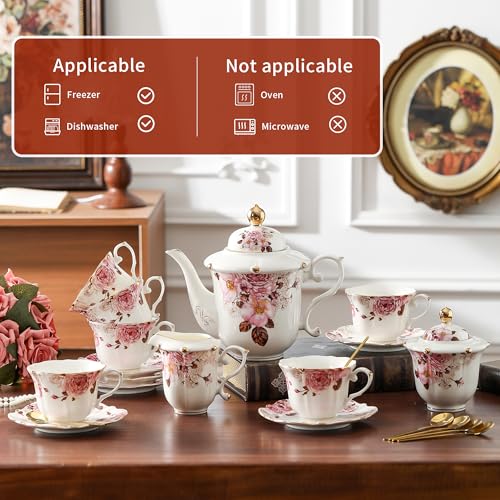 TATSUMI Country Roses Porcelain Tea Set, European Ceramic tea set for adults,Vintage Style, For Women and Tea Parties (Chocolate Red, 21 Pieces Set) - color: Chocolate Red, size: 21 Pieces Set