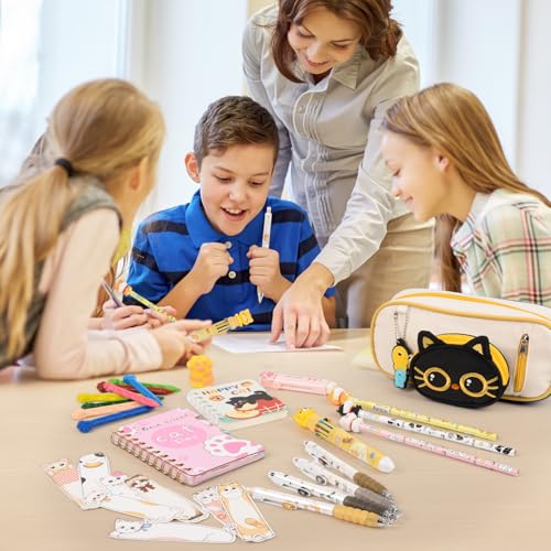 Ulema 60Pcs Cute Cat Stationery Set Birthday Gifts for Boys Girls Back to School and Classroom Rewards Office Supplies with Cat BallPoint Pen, Pencils, Erasers, Sticky Notes etc. - style: cat