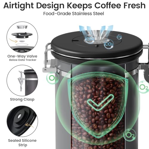 Veken Coffee Canister with Window, Airtight Stainless Steel Container, 22OZ - color: Grey, size: 22 oz