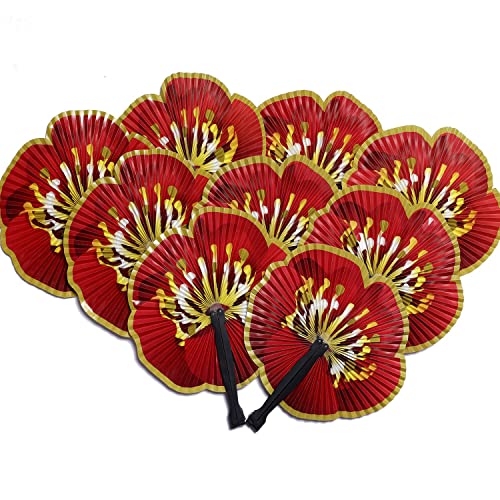 10 Pieces Chinese Rose Paper Fans - color: Red Rose Paper Fans, size: 10 PCS