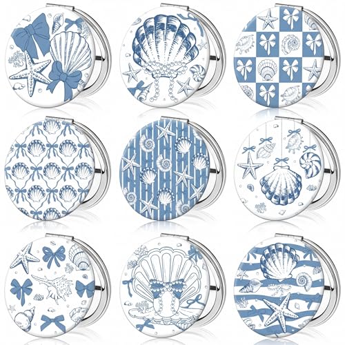 Weysat 9 Pcs Blue Seashell Compact Mirrors Bulk, Double Sided 1x/2x Magnify - color: Blue, size: Seashell Bow