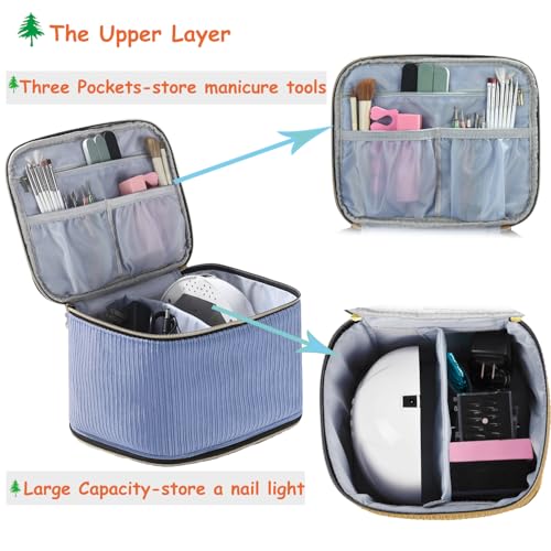CTWWFS Corduroy Nail Polish Organizer and Nail Lamp Case, Nail Kit Organizer Holds 30 Bottles (15ml - 0.5 fl.oz) and a Nail Lamp, Nail Polish Carrying Case with Manicure Tools Storage Sections (Blue) - color: Blue