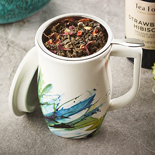 Tea Forte Ceramic Fiore Tea Cup with Infuser, Blue Agave, 14 oz - color: Blue Agave