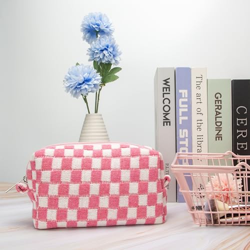 PAZIMIIK Checkered Makeup Bag for Purse, Small Travel Cosmetic Pouch,Pink - color: Pink