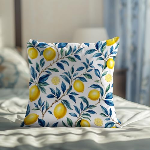 Lemon Branch Pillow Cover Blue Leaf Botanical Citrus Coastal Decor 18x18 - color: Yellow Lemons