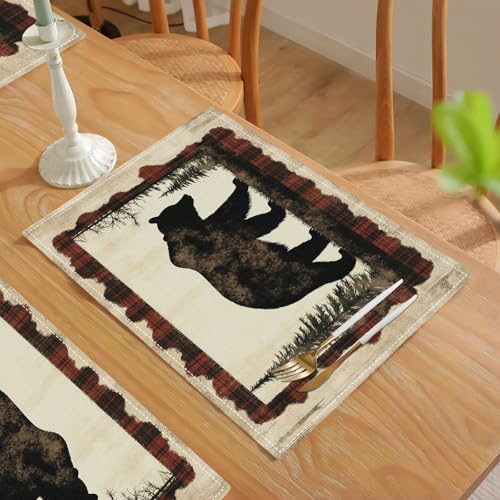 Bear Placemats Set of 4, Farmhouse Cabin Place Mats, Country Rustic Wild Animal Waterproof Washable Table Mats for Home Party Indoor Kitchen Dining Table Decoration 12x18 Inch - color: Bear, size: Set of 4