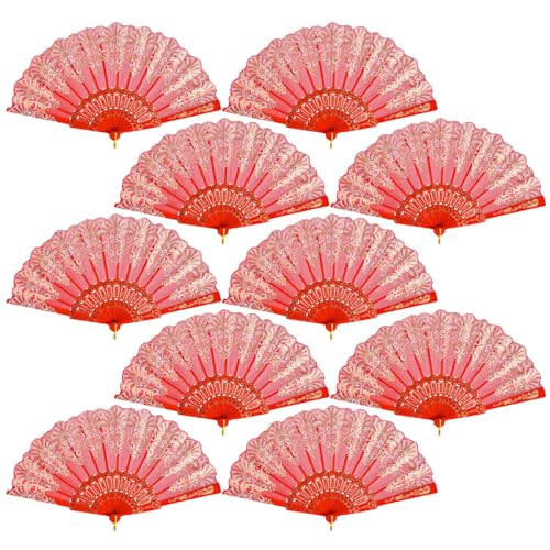 QIRMIZI 10 Pack Folding Handheld Fans,Silk Spanish Fan, Perfect for Weddings, Parties, and Dancing,Red - color: Red, size: 10 PACK