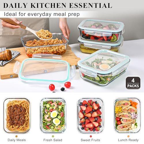 LOVYANXUE 4 Pack 52oz Large Glass Food Storage Containers with Lids, Meal Prep Containers with Airtight Lid for Storing, Baking, Serving, BPA-Free, Freezer, Microwave, Oven & Dishwasher Safe - color: Mint Green