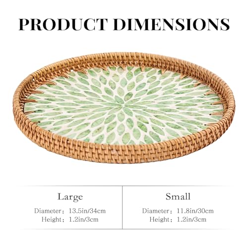 Round Rattan Tray with Mother of Pearl Inlay, Boho Style Decor Tray is Suitable for Bread Fruit Coffee, Also Functions as Kitchen Dining Table Home Decor Trays (Green)