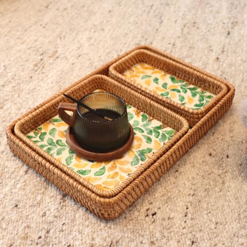 Rectangle Rattan Serving Tray with Mother of Pearl Inlay, Handwoven Wicker Tray for Frui Bread Breakfast Coffee Table Party Picnic Cafe Bedroom Kitchen Home Decor Set of 3 (Wicker Yellow Green) - color: Wicker Yellow Green