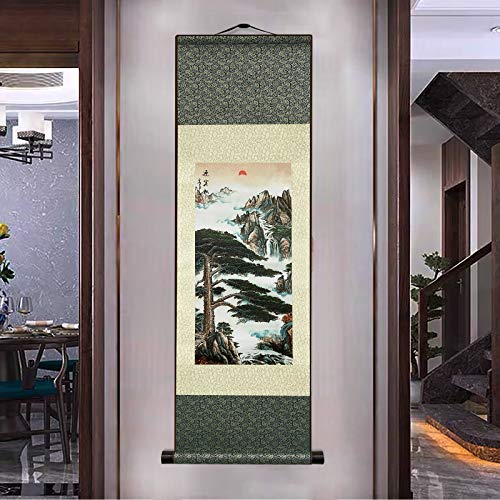 AtfArt Silk Scroll Painting, Asian Wall Art, River Landscape, 36.2x12in - color: A2