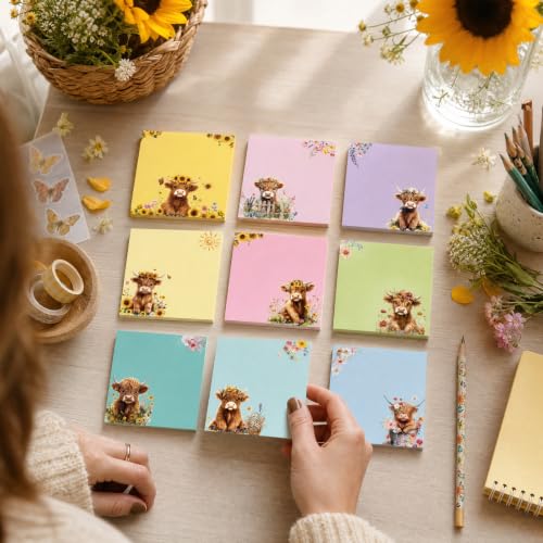 Highland Cow Gift Sticky Notes - 9 PCS Cute Animal Notepads Aesthetic Sunflower Self-Stick Note Coloful to Do List Memo Pads School Office Stationery Supplies for Women Cow Lover Students - style: Highland Cow Colorful