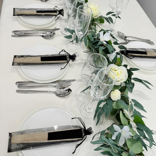 50pcs Paper Hand Fan with Organza Bags Bamboo Handheld Folding Fan DIY Decorative Wedding Party Favors (Black) - color: Black