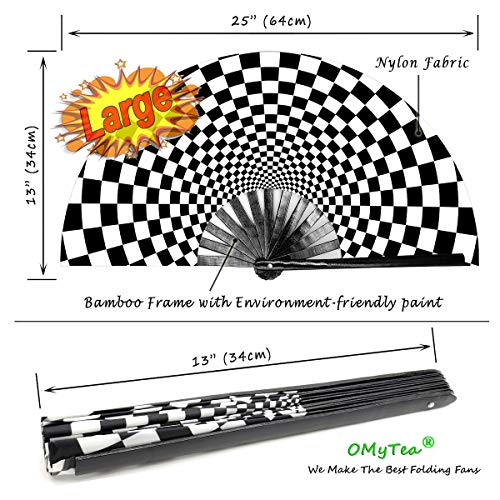 OMyTea Large Rave Clack Folding Hand Fan for Men/Women - Chinese Japanese Bamboo Handheld Fan - for EDM, Music Festival, Club, Event, Party, Dance, Performance, Decoration, Gift (Speed Checkered) - color: Speed Checkered