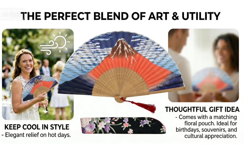 Silk Folding Hand Fan with Great Wave & Mt Fuji Design, 13.75” Handheld Bamboo Accessory with Tassel & Matching Pouch, Portable Oriental Art, Wedding Favor, Festivals - color: Great Wave & Mt Fuji