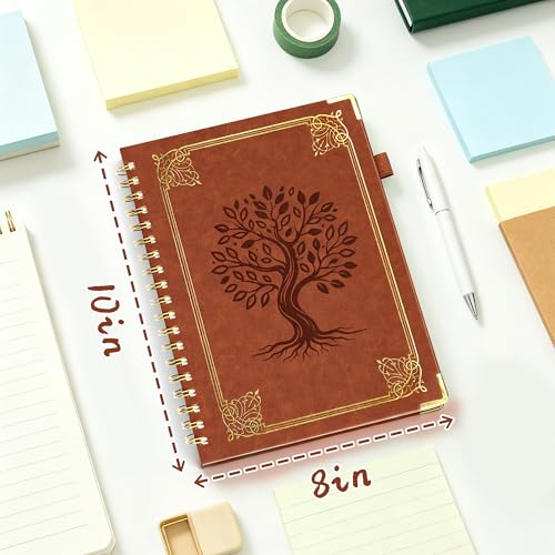 Hardcover Spiral Notebook Journal with Removable Dividers Tabs, 5 Subject Notebooks for Work School, 300 pages 8"x10" B5 leather Journal College Ruled, Cute Journal for Women Men, Brown - color: Brown