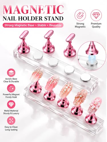 15PCS Nail Art Brush Set with 10 Nail Holders, 72PCS Nail Tips & 192PCS Adhesive Tabs, Pink Professional Nail Design Kit with Tweezers for Acrylic Gel Nail Art DIY Salon