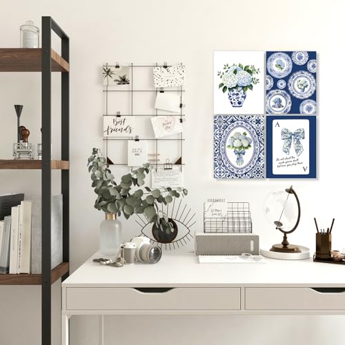 LUKIPOM Blue Chinoiserie Hydrangea Wall Art Poster,Coquette Blue and White Floral Grandmillennial Canvas Wall Decor Gifts for Women Teen Girls Home Bedroom Living Room，8x12in Set of 4 Unframed - color: Color 006