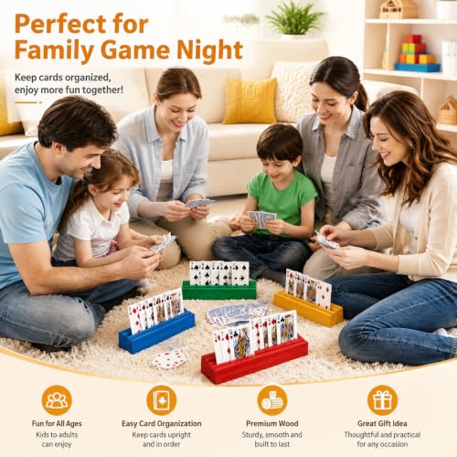 Card Holders for Playing Cards Deck Stand Wood Playing Card Holder for Kids Canasta Holder for Adults Seniors Card Deck Crowns Uno Games Set of 4 Colors - color: Color 4s