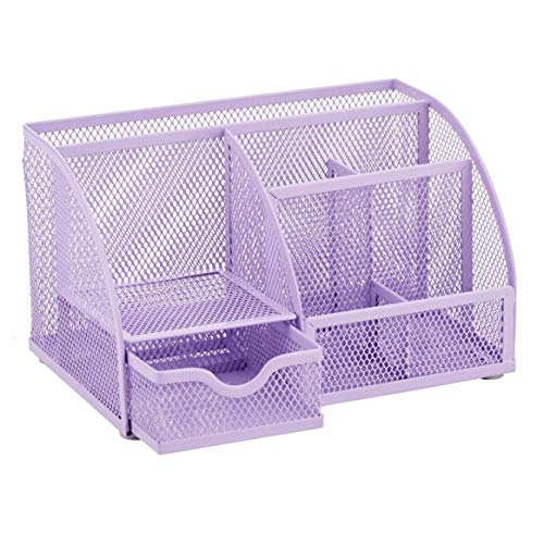 Annova Mesh Desk Organizer Office with 7 Compartments + Drawer/Desk Tidy Candy/Pen Holder/Multifunctional Organizer (Light Purple) - color: Light Purple