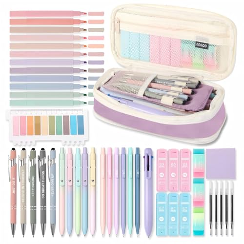 56 PCS Aesthetic School Supplies with Large Pencil Case, 5 Inspirational Ballpoint Pens, 12 Pastel Highlighters, 5 Black Ink Gel Pens, 6 Mechanical Pencils 0.5-0.7mm College Student Essentials(purple) - color: Purple