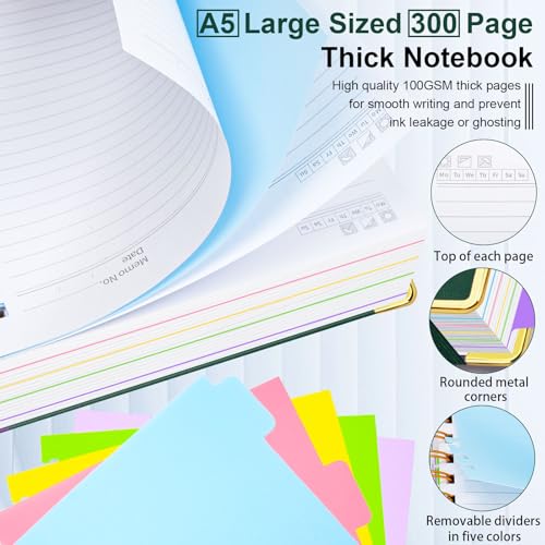 Hardcover Spiral Notebook 6.2"x 8.2" Journal Notebook with Tabs and Removable Dividers 300 Pages 5 Subject Notebook College Ruled, Faux Leather Spiral Bound Notebook for Women School Work(Green) - color: Green, size: 6.2"x8.2"(A5)