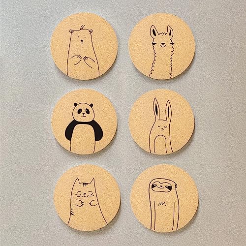Coasters for Drinks with Holder Set of 6, Cute Animals Coaster Bulk for House Warming Gifts for New Home Couples Absorbent Cork Wood Cup Desk Coffee Table Office Kitchen Decor, Round 4" - color: Animals