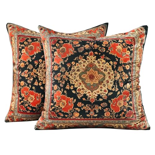 Vintage Floral Soft Velvet Throw Pillow Covers 18x18 in Boho - color: Black, size: 18" x 18" (Pack of 2)
