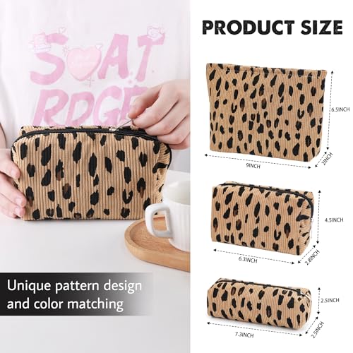 3 Pcs Makeup Bag Cosmetic Bag Set for Girls Women Travel Organizer Bathroom Toiletry Pouch Large Capacity Storage Bag (Leopard Brown) - color: Leopard Brown