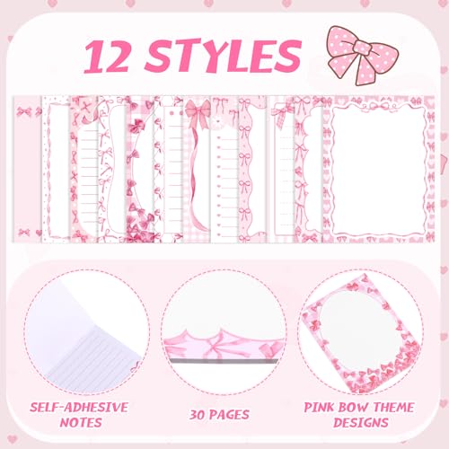 Chiisong 12 Pcs Pink Bow Sticky Notes Cute Coquette Bowknot Notepad - style: Pink Bow