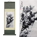 AtfArt Silk Scroll Painting, Asian Wall Art, Eight Racehorses, 36.2x12in - color: B3