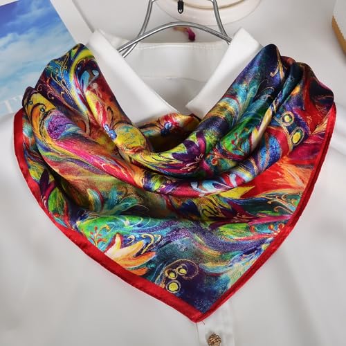 Women 100% Mulberry Silk Neck Scarf 21" Square Floral Neckerchief - color: Red Fire Phoenix