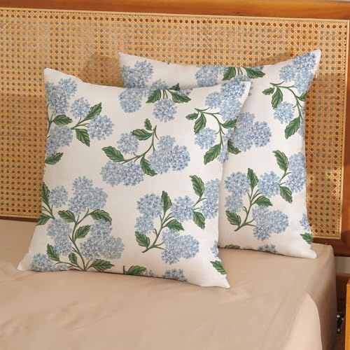 Spring Pillow Covers 18x18 Pack of 2 Green Blue Hydrangea Floral Throw Pillow Covers Outdoor Summer Seasonal Flower Decor Pillowcase Farmhouse Decorative Linen Cushion Case for Sofa Couch - color: Blue Hydrangea Floral, size: 18" x 18" (Pack of 2)