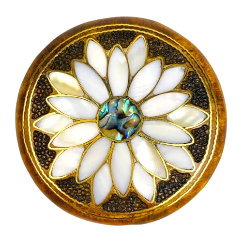Handcrafted Natural Wooden Compact Mirror, Round Make Up Mirror with Mother of Pearl Inlay- Customized Hand Mirror - color: Daisy