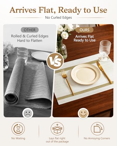 COOLMI Beige Placemats Set of 4, Washable Woven PVC Table Mats, Heat Resistant Non-Slip Place Mats for Dining Table, Flat Pack No Curled Edges, Indoor Outdoor, 17 x 12 Inch - color: Beige