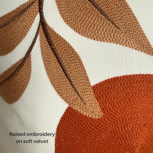 AYAY Decorative Velvet Throw Pillow Cover 18x18 Inch – Off White with Brown & Rust Embroidered Abstract Design, Warm Neutral Boho Accent Cushion, Hidden Zipper, Cover Only - color: Warm Neutral Brown and Rust