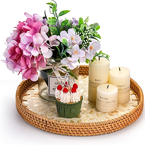 Frcctre 2 Pack Round Rattan Tray with Mother of Pearl Inlay, Rattan Serving Tray with Wooden Base, Decorative Wicker Basket for Bread Fruit Food Coffee Breakfast, Storage and Display, 2 Sizes