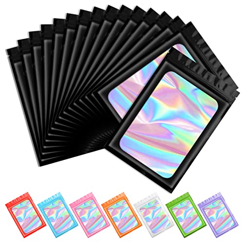 Funfery 100pcs Black Mylar Holographic Bags-Resealable Zipper&Clear Window - color: Black, size: 4.7 x 7.9 Inch
