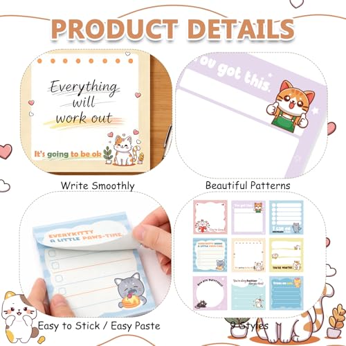 9 Pcs Cute Cat Sticky Notes, Fun Kawaii Cat Self-Adhesive Notes for Women Man, Inspirational Positive Sticky NotePads for Teacher Students Office Worker Animal Lovers Gift - color: Cute Cat