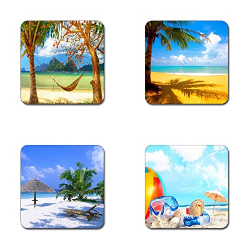 Summer Beach Pattern Square Coaster Set of 4 - Made of Recycled Rubber - color: Summer Beach Pattern Square