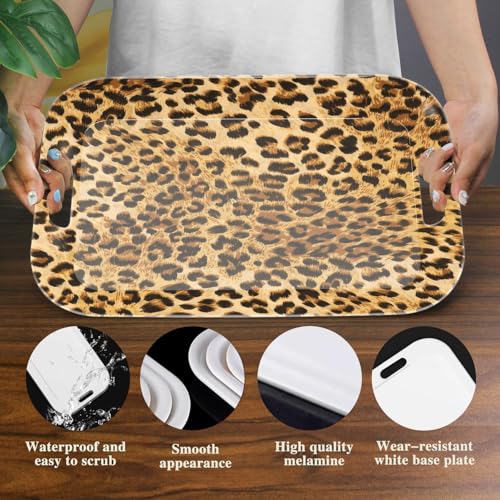 Serving Trays with Handles, 14.5 x 9.8 inch Rectangular Plastic Tray for Restaurant, Kitchen, Brown Leopard - color: Brown Leopard