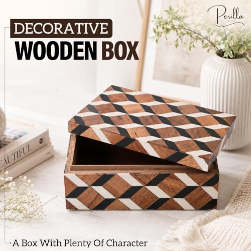 Perilla Home Decorative Wooden Storage Box – Small Organizer for Jewelry, Crafts, Cards & Keepsakes – Clover Design MDF & Resin (Bianco) – Dark Brown & Off White – Gift for Men & Women - color: Dark brown & off white