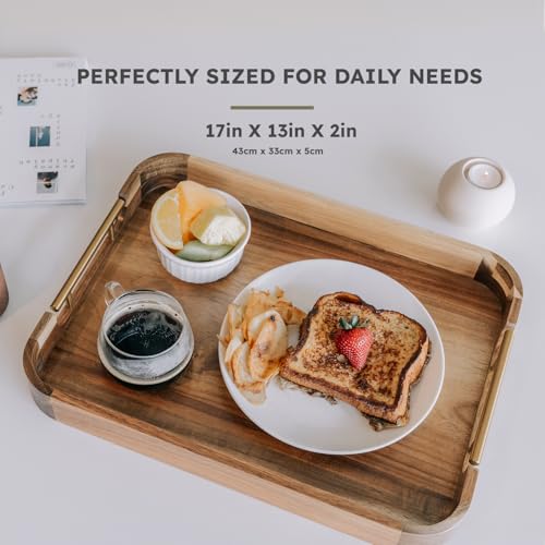Acacia Wood Ottoman Tray with Handles, 17x13 Inch Rectangle Serving Tray for Coffee Table, Living Room & Breakfast, Decorative Wooden Ottoman Tray with Anti-Skid Pads (Gold Handle 01) - color: Golden Handle 1