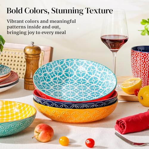 DOWAN 8.5" Vibrant Pasta, Salad & Soup Serving Bowls Set of 4, Embossed Large Porcelain Ceramic, Microwave, Oven & Dishwasher Safe, Bonita Design Perfect for Daily Dining, Family Gatherings, Party - size: 8.5 IN